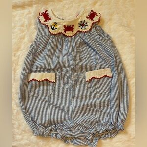 Good Lad Blue and White Seersucker 6M One-Piece with Nautical Embroidery